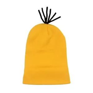 Bright yellow cartoon knitted beanie with black fiber hair for cosplay and family matching