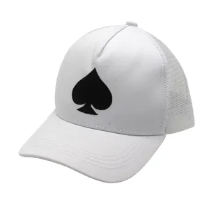 White mesh trucker hat with black spade embroidery and curved brim for outdoor sun protection