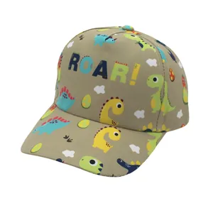 Detail of kids baseball cap with khaki base and colorful dinosaur pattern with ROAR! text