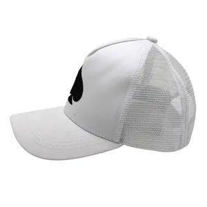 Detail of white mesh trucker hat featuring a black spade embroidery and breathable back
