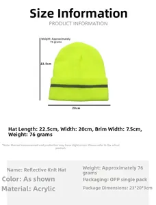 Size chart for reflective knit beanie featuring dimensions and acrylic fabric material