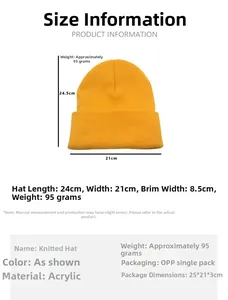 Größentabelle mit Höhe 24,5cm und Breite 21cm der gelben Strickmütze für Herren