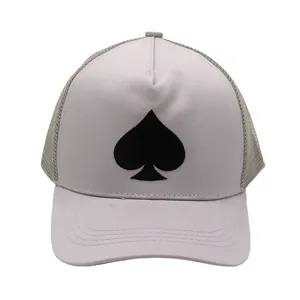 Front view of light grey trucker hat with black spade embroidery and breathable mesh