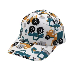 Detailed view of white kids baseball cap featuring colorful cartoon construction trucks