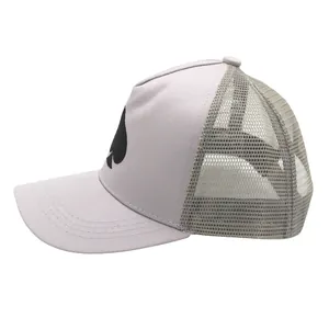 Side view of gray mesh trucker hat with heart pattern and breathable back design
