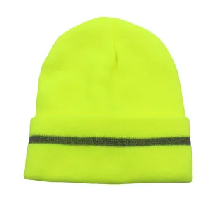 Neon green reflective knit beanie for outdoor running with high visibility stripe