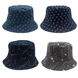 Mujeres Hombres Sombrero de Pescador de Denim de Algodón Lavado Patrón de Corazón Agujeros Desgastados Protección Solar Casual