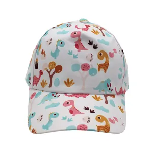 Detailed pattern of cute cartoon dinosaurs and colorful prints on a white kids baseball cap
