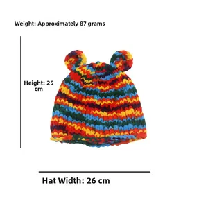 Detailed view showing dimensions and weight of multi-color striped knitted hat with bear ears