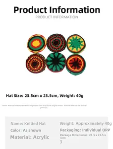 Detalle de gorros de punto estilo Rasta con especificaciones de tamaño y material acrílico