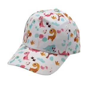Detail view of cotton kids baseball cap with colorful dinosaur prints on white canvas