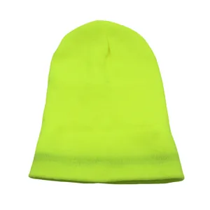 Detail view of fluorescent yellow reflective beanie with premium ribbed knit texture