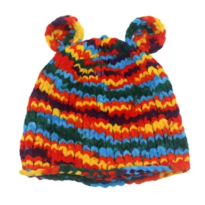 Cute Cartoon Bear Ears Knitted Hat For Women Kids Winter Warm Rainbow Striped Crochet Beanie Hat Soft Acrylic Outdoor Daily