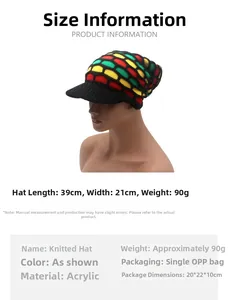 Detail specifications of Jamaica reggae knit hat showing dimensions 39x21cm and acrylic fabric