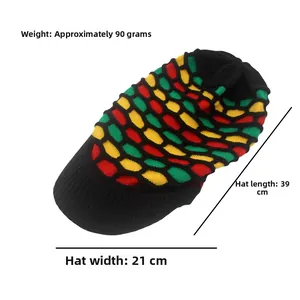 Detail showing dimensions and 90g weight of the long striped Rasta knit beanie with brim