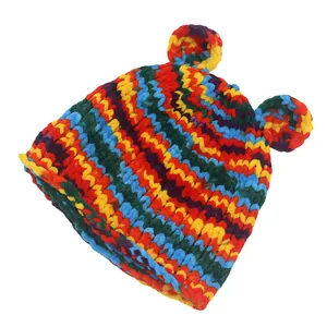 Colorful handmade knit beanie with cute bear ears for winter warmth and comfort