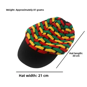 Detail view of Rasta striped knit hat with measurements showing 30cm length and 81g weight