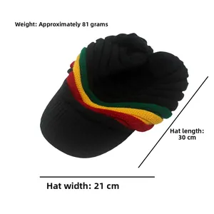 Detailed view of striped beanie with measurements 30cm length and 81g weight