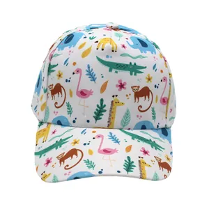 Detailed view of the vibrant cartoon animal print on white cotton kids baseball cap