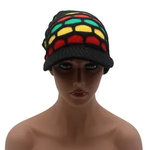 Detailed knit texture of a Rasta-style beanie with red, yellow, and green checker pattern
