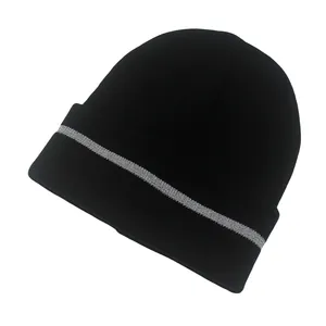 Detail of black knit beanie featuring a horizontal silver reflective strip for night safety