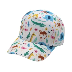 Detail of white kids baseball cap featuring colorful cartoon animal patterns and floral prints