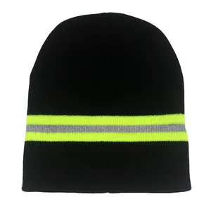 Reflective Striped Knit Beanie Hat For Night Running Outdoor Safety Warm Acrylic Winter Beanie Hat For Men Women