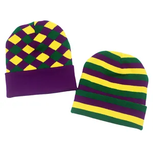 Bonnet Mardi Gras Violet Vert Jaune Motif Losange Rayé Bonnet en Tricot Acrylique Chaud Hiver Pour Hommes Femmes