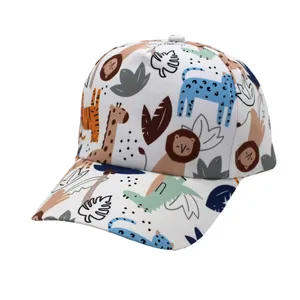 Detailed close-up of cartoon animal prints on white cotton kids baseball cap brim
