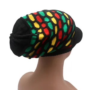 Knitted rasta reggae beanie with colorful stripes and brim for a classic stylish look