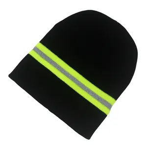 Black reflective knit beanie with neon green safety stripes for winter outdoor warmth