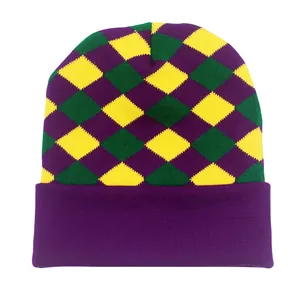 Bonnet en maille d'hiver à motif argyle violet vert et jaune avec cache-oreilles