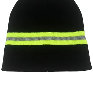 Black reflective knit beanie with neon yellow stripes for high visibility at night