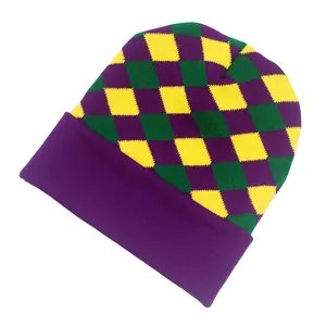 Bonnet en tricot Argyle Mardi Gras violet vert et jaune avec revers pour adulte
