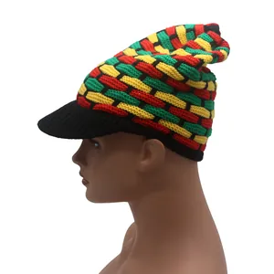 Side view of Rasta style knit beanie with peak, featuring red, yellow and green stripes