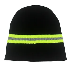 Black reflective knit beanie with neon yellow stripes for night safety and warmth