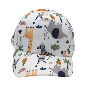 Detailed view of kids white baseball cap with colorful tropical animal prints