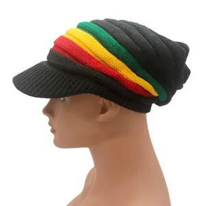 Jamaica Reggae Rasta striped knit visor beanie hat with brim in classic rainbow colors