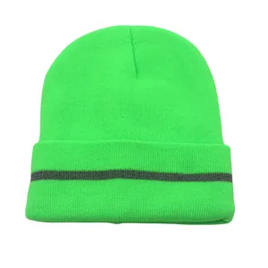 Fluorescent green reflective knit beanie for outdoor running with gray stripe detail