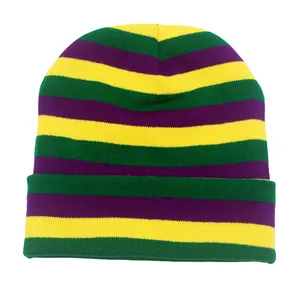 Bonnet en tricot rayé Mardi Gras pour hommes et femmes en violet vert et jaune