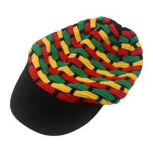 Macro detail of Rasta knit beanie featuring red yellow green checkerboard crochet texture