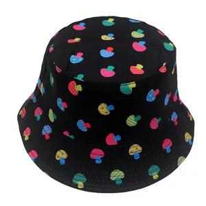 Reversible bucket hat with colorful mushroom prints on black canvas for outdoor sun protection