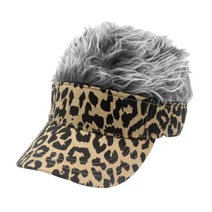 Funny leopard print baseball cap with greyish-white synthetic wig hair for outdoor fun