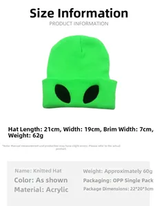 Size guide for neon green alien beanie showing dimensions and acrylic material details