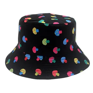 Reversible black bucket hat with colorful mushroom prints for sun protection outdoor
