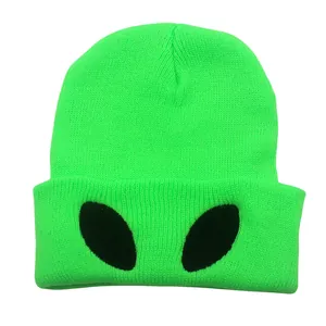 Neon Green Alien Eye Embroidered Knit Beanie Soft Acrylic Winter Warm Skull Cap Streetwear Unisex Slouchy Cuffed Hat