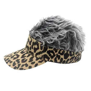 Detail of leopard print sun visor with attached grey curly synthetic wig for outdoor fun