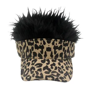 Close-up of leopard print sun visor with integrated black synthetic wig hair detail