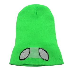 Neon green knitted alien beanie with cartoon eye embroidery for winter outdoor warmth