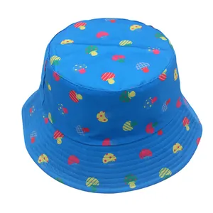 Close-up of navy blue bucket hat featuring colorful mushroom prints and precise stitching